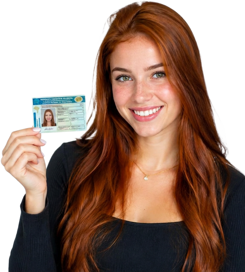 Mulher ruiva de olhos verdes sorrindo e segurando sua CNH