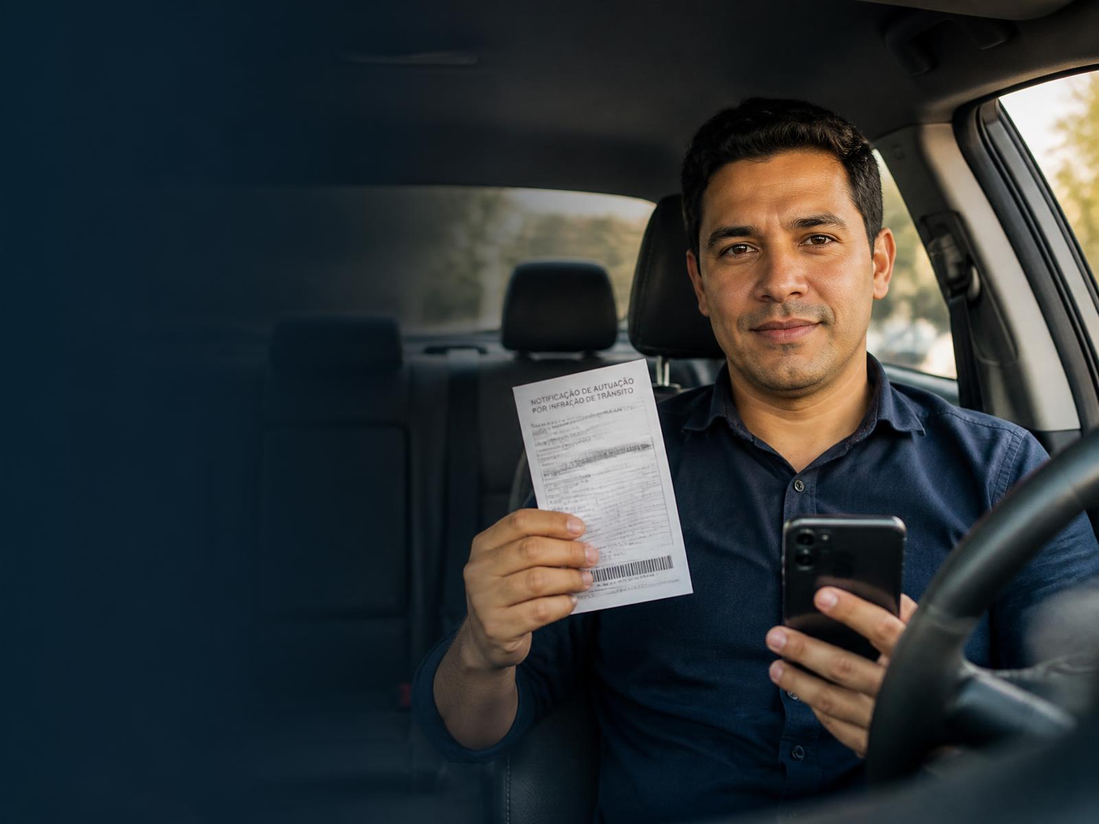 Motorista segurando uma notificação de autuação de trânsito e um celular